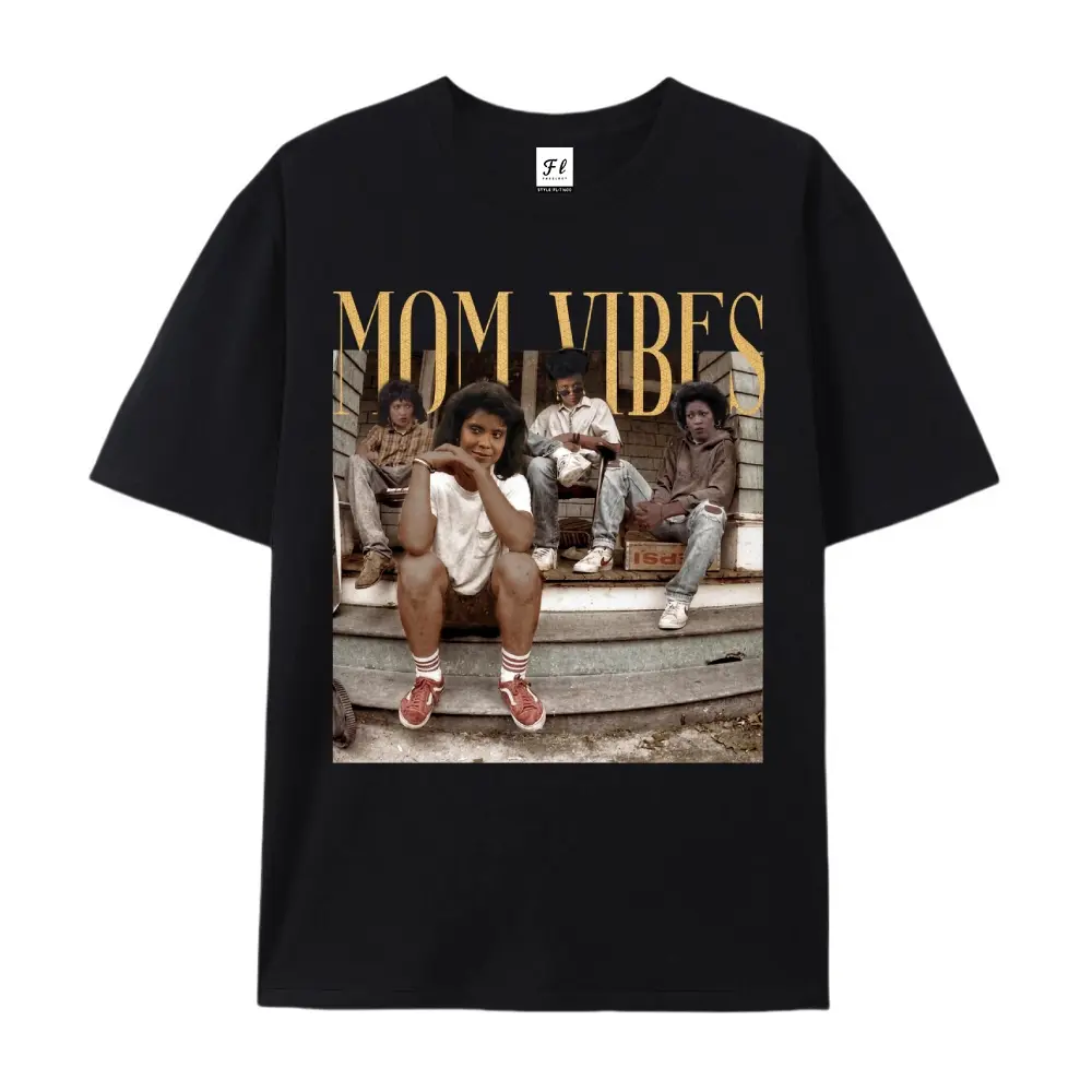 Mom Vibes Graphic Print T-Shirt for Women, Vintage Retro 90s Style Cotton Top, Short Sleeve Crewneck Casual Everyday Streetwear