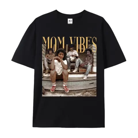 Mom Vibes Graphic Print T-Shirt for Women, Vintage Retro 90s Style Cotton Top, Short Sleeve Crewneck Casual Everyday Streetwear