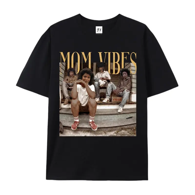 Mom Vibes Graphic Print T-Shirt for Women, Vintage Retro 90s Style Cotton Top, Short Sleeve Crewneck Casual Everyday Streetwear