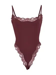 Women's Sexy Solid Color Spaghetti Strap Lace Trim Shaping Bodysuit High Waisted Breathable Shapewear
