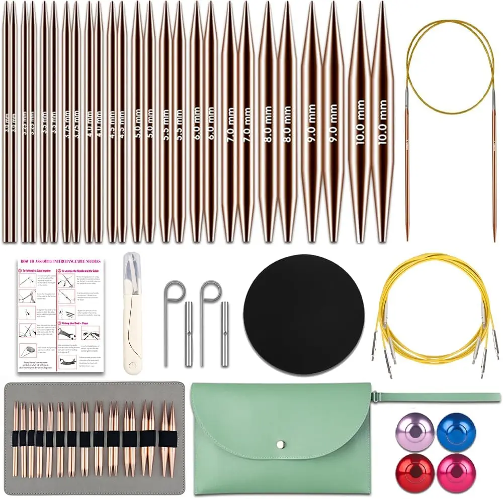 13 Pairs Circular Knitting Needles Set 3.0~10.mm Rose Gold| Interchangeable Aluminum Round Circular Needle for Knitting with Bag