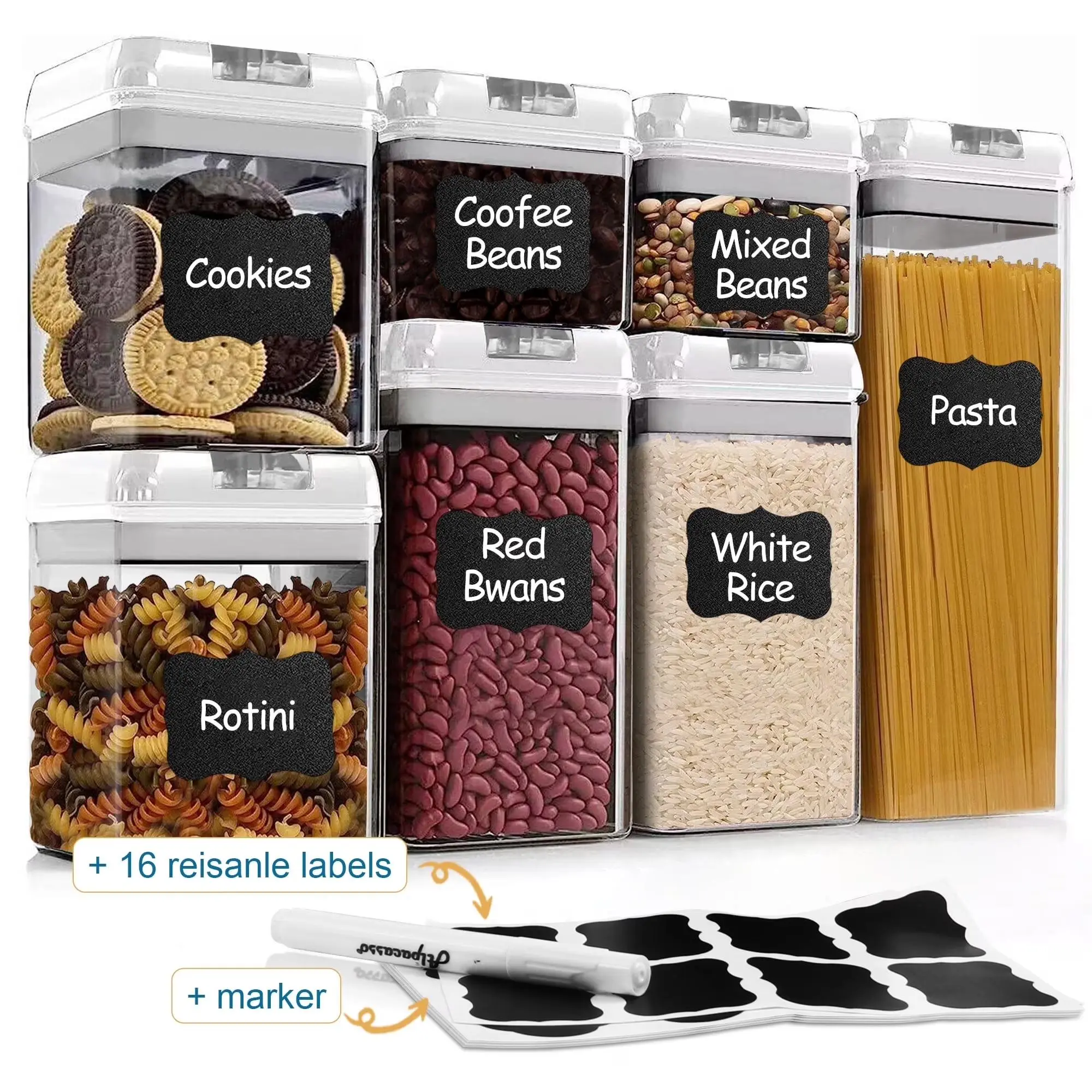 Airtight Food Storage Containers With Lids, 7 PCS BPA Free Kitchen Plastic Storage Containers for Dry Food,Flour and Sugar, for Pantry Organization and Storage Coffee