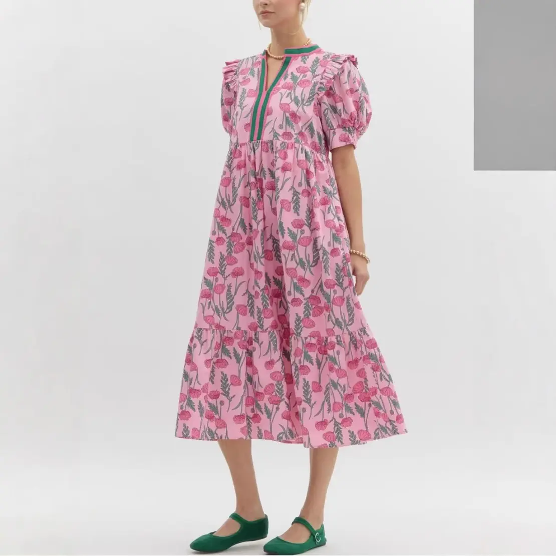 Summer new rose print dress high waist bubble short sleeve medium and long women