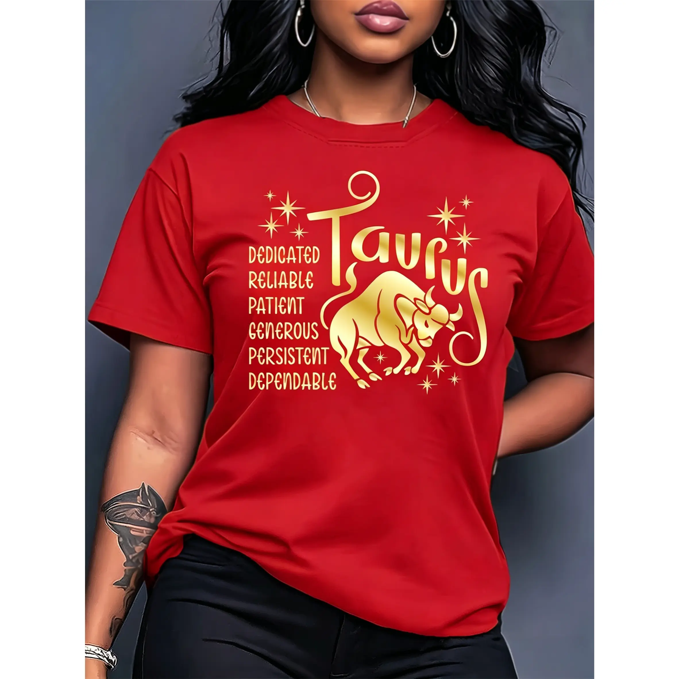 Women's 100% Cotton Basic Zodiac Short-Sleeve T-Shirt - Taurus Letter Print, Round Neck, Smooth Fabric, Loose Fit, Machine Washable, Soft, Breathable, Suitable for Spring, Summer