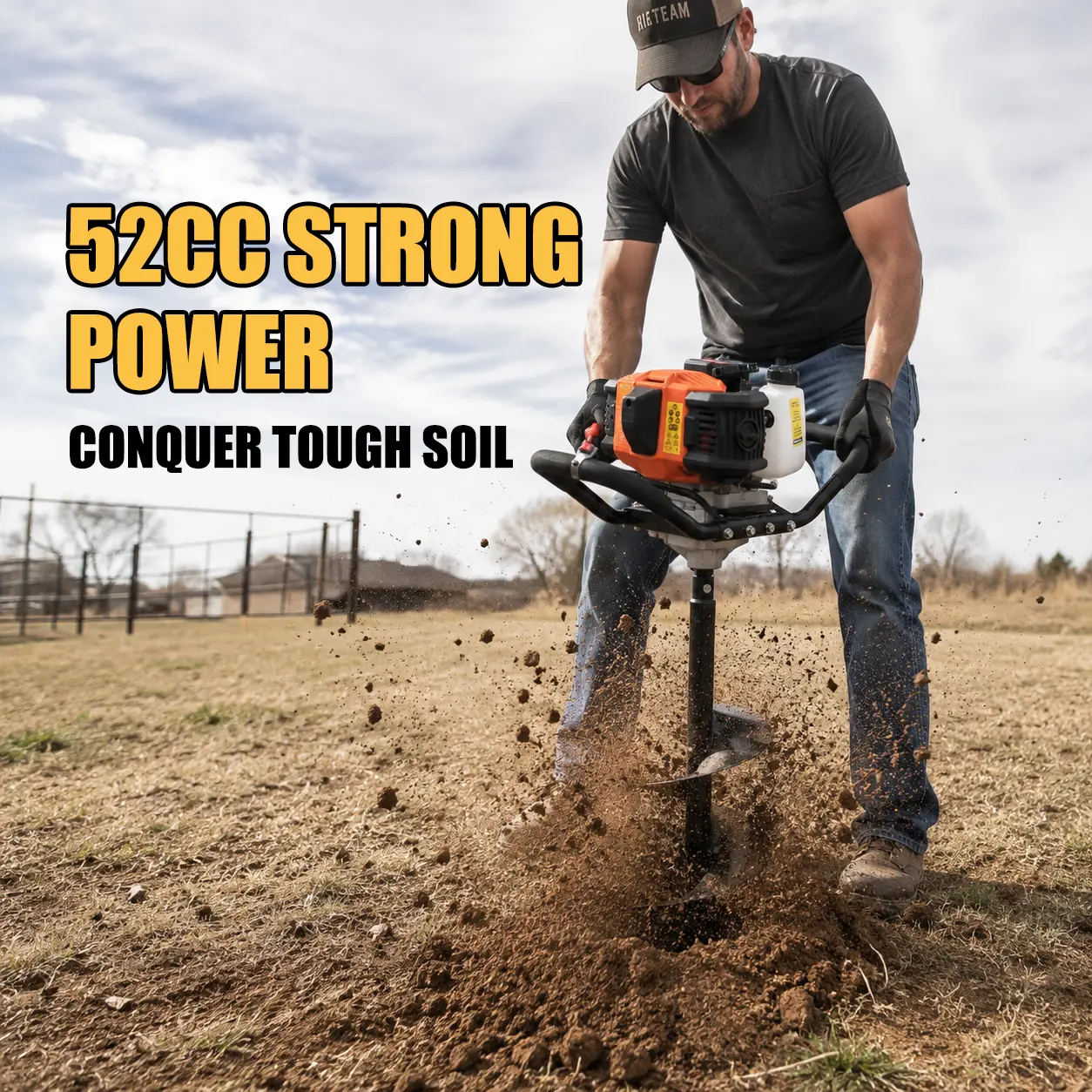 Post Hole Digger Gas Powered, 52CC 1450W Earth Auger, Gas Auger with 8” Auger Drill Action Design Bits & 1 Extension Rod, Post Fence Hole Digger for Farmland Garden Plant, Orange+Black