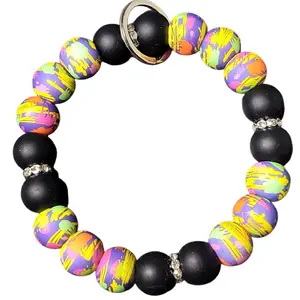 Silicone Beaded Keychain Wristlet Key Ring Bracelet Cute Car Key Holder for Women Girls with Heart Bow & Butterfly Charms Made in USA