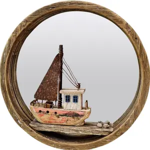 Wooden Beach Wall Hanging Circle Mirror Decor,Nautical Wall Mirror Wood Boat Ornament Rustic Beach Decoration for Home,Ruatic Boat Figurine Coastal Ocean Wall Decor for Bathroom, Living Room, Bedroom