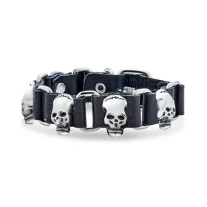 Biker Chain Skull Heads Link Bracelet Black Leather Studded