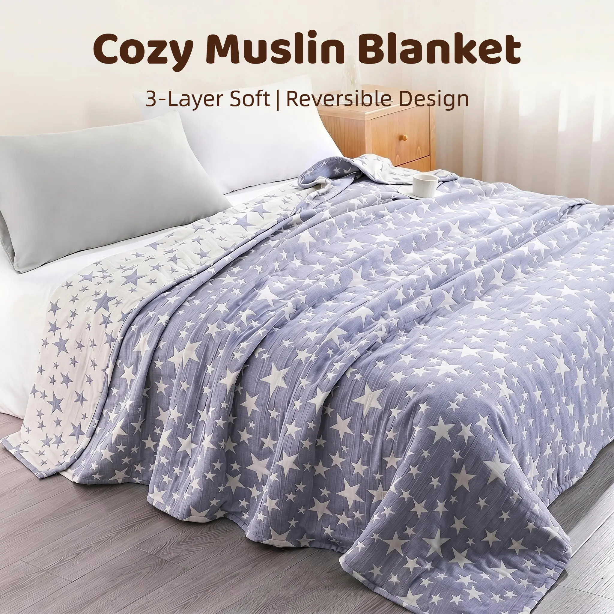 Bedsum 3-Layer Muslin Cotton Bed Blanket, Reversible Flat Weave Quilt, Soft Warm, Breathable, Multi-Size, All-Season Modern Home Bedding Decor for Bedroom Napping, Lightweight Throw with Lifetime Support
