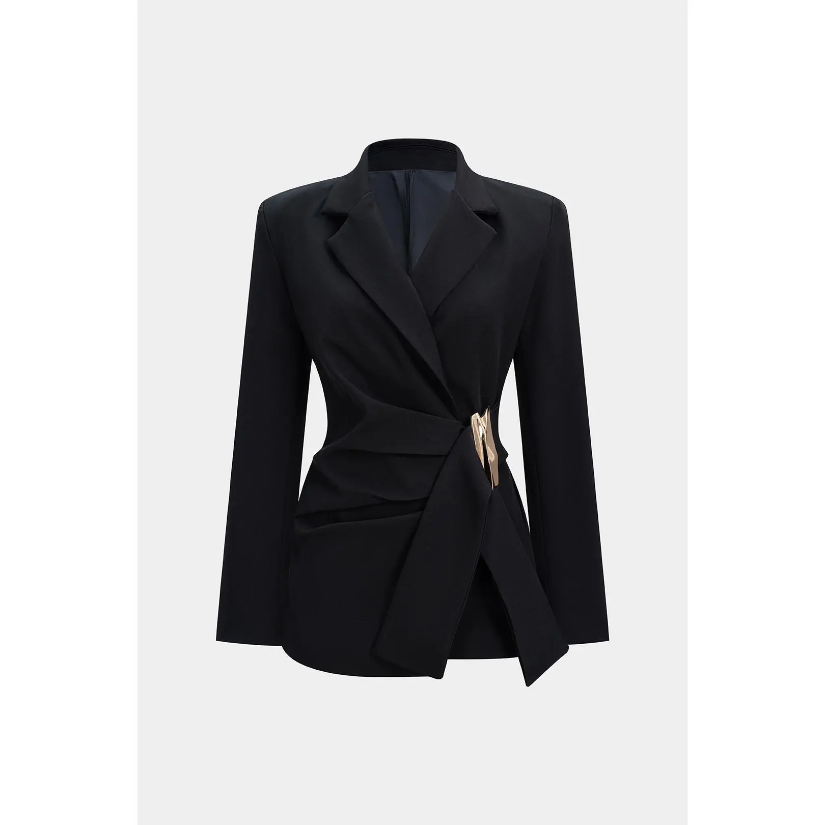 Women's Fitted Twill Blazer with Long Sleeves, Asymmetric Cut, Ruched Detail, Metallic Accent and Notched Lapel for Office Work