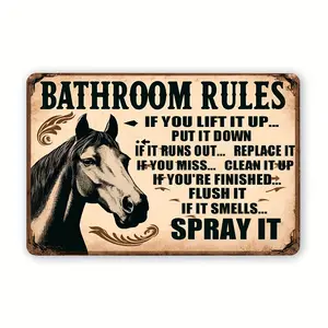 Vintage Horse Illustration Bathroom Rules Metal Tin Sign Set of 1, 8x12 Inch Humorous Toilet Decor, Rustic Home Wall Art with Pre-Drilled Holes, Durable Iron Construction, Waterproof and Weatherproof