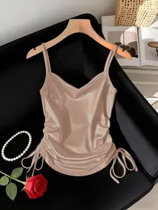 Romantic & Versatile New Style! Women's Satin Solid Color Sleeveless Camisole with Ruched Sides, Elegant & Versatile Design, Suitable for Layering or Outer Wear, Perfect for Work, Leisure, Parties & Other Occasions
