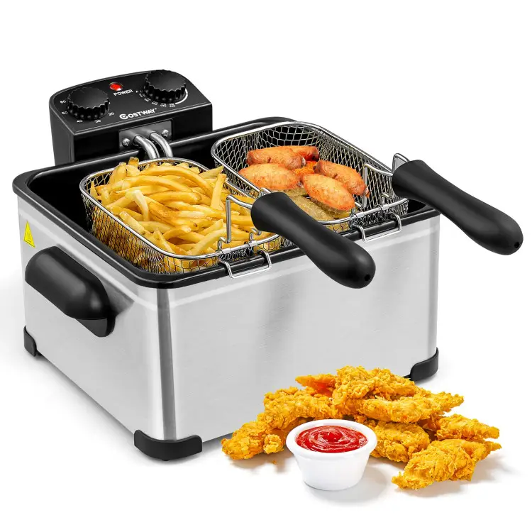 [Costway]- Deep Fryer with Basket, 3.2Qt/5.3Qt Stainless Steel Electric Oil Fryer w/Adjustable Temperature, Timer, Lid with View Window-Springtok