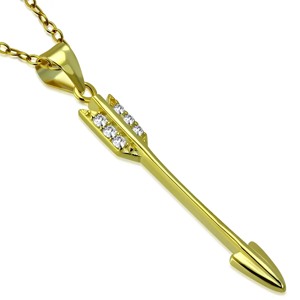 Women's 925 Sterling Silver Yellow Gold-Tone Vertical Dangling Arrow Charm Necklace - 18in Adjustable Chain, 2.3g, 1.50in x 0.20in, for Female Casual Wear, 2.3 Grams