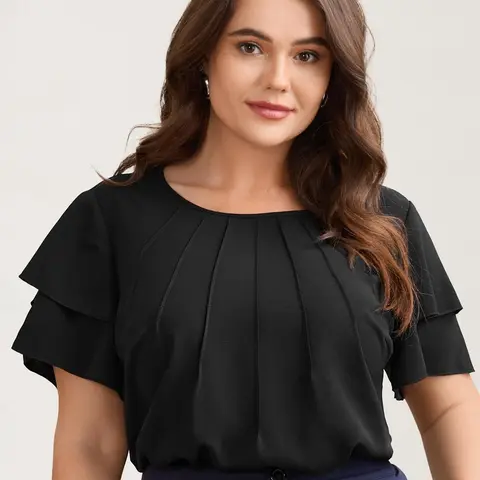 BloomChic Toothpick Pleat Layered Flutter Sleeve Blouse 【M-6XL】