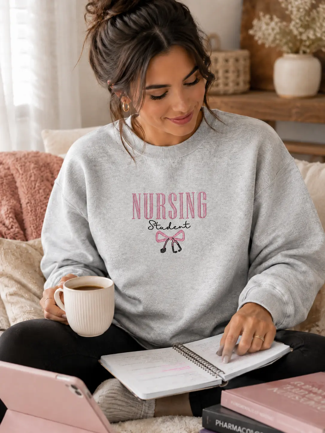 NURSING STUDENT Embroidered Crewneck, Bow Stethoscope, Nursing Sweatshirt, Embroidered Sweatshirt, Nursing School Gift Crewneck