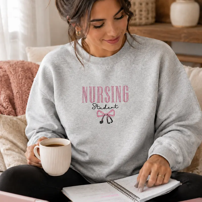 NURSING STUDENT Embroidered Crewneck, Bow Stethoscope, Nursing Sweatshirt, Embroidered Sweatshirt, Nursing School Gift Crewneck