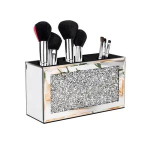 Mirrored Makeup Brush Holder Organizer, 3 Slot Glass Cosmetics Brushes Storage Holders with Crystal Crushed Diamond Box Boxes