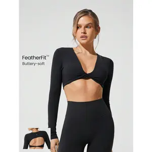 GLOWMODE FeatherFit™ Ready To Glow Long Sleeve Twist Front Open Back Removable Cups Crop Top Low-Impact Yoga Pilates Studio Daily Casual Wear