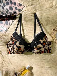 Leopard Print Lace Front Closure Bra, Sexy Push Up Lingerie, Women's Underwear, Boho, Bohemian, Comfortable & Stylish Design, Perfect for Everyday Wear