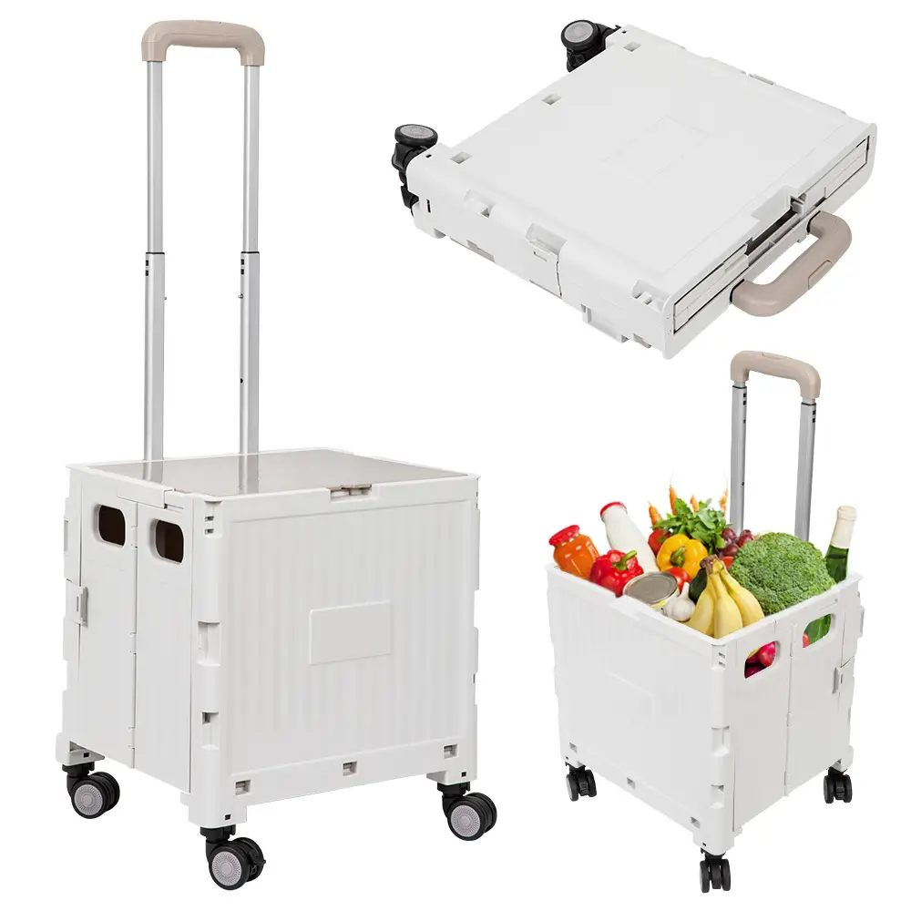 HOW'S MY HOUSE Folding Utility Cart Portable Rolling Crate Handcart Shopping Trolley Collapsible Tool Box, with Lid, Basket on 4 Rotate Wheels, for Gr