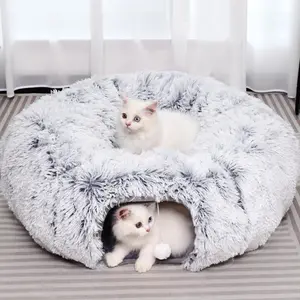 Plush  Tunnel with  Bed for Indoor Cats, Multifunctional  Donut Tunnel for Small Medium Large Cats Kitten  Puppies (Grey)