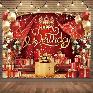 Happy Birthday Background – Red and Gold Crown Theme Wall Tapestry with Gifts and Balloons for Party Decoration
