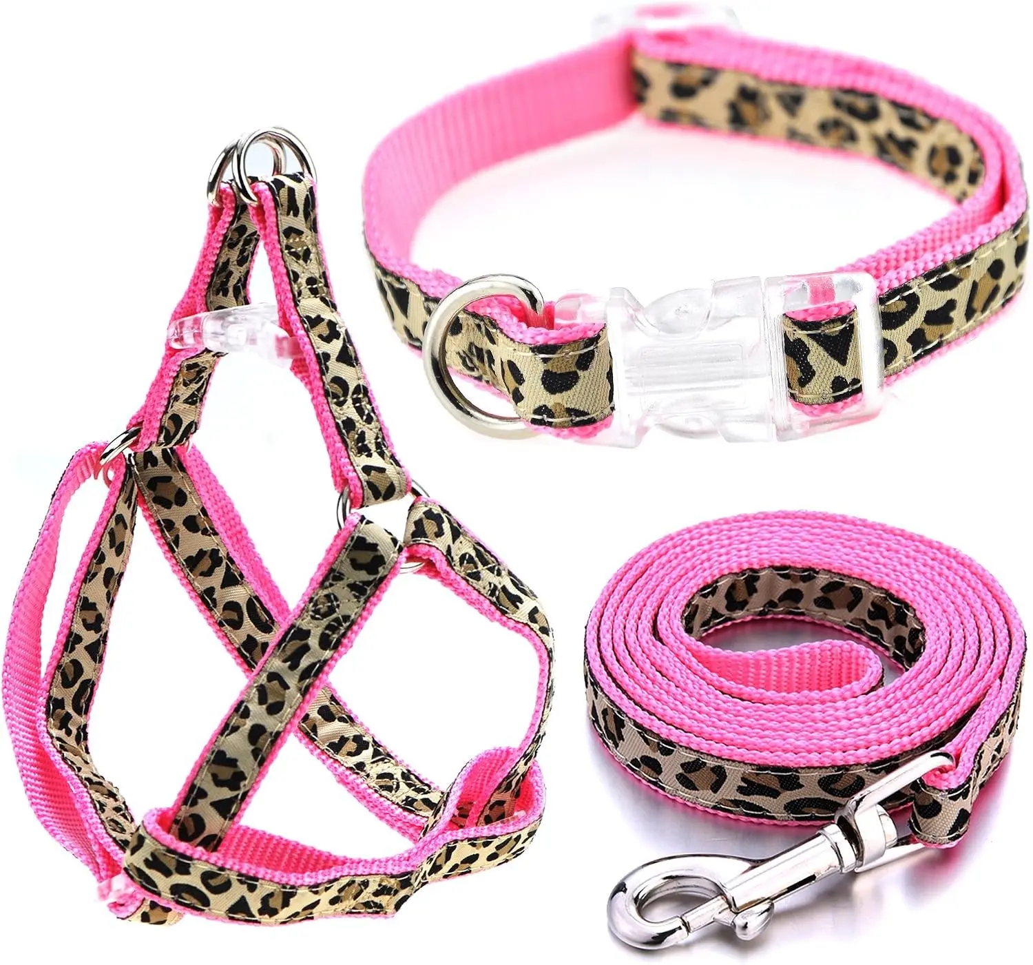 Leopard Dog Harness Collar Leash Set, Adjustable No Pull Dog Halter Harness for Small Breed Dogs, Easy Control for Training Walking (Pink, XS Chest 9"-15", Neck 8"-12")