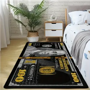 Black Gold 100 Dollar Bill Printed Area Rug, Funny Money Shaped Non-Slip Floor Mat for Bedroom, Living Room & Office Decor