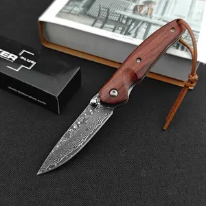 1pc Damascus Steel Folding Knife, EDC Pocket Knife, Portable Pocket Knife, High Hardness Cutting Knife, Multi-Purpose Tool for Outdoor Camping, Barbecue, Fishing and Daily Use