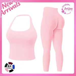 Jetjoy Workout Sets for Women 2 Piece, Padded Backless Sports Bras Halter Top Hidden Scrunch Leggings Sets Gym Yoga Work Out Clothes, Matching Mid Waist Leggings Sets Gym Outfits WorkOut Clothes