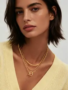 3pcsWomen Layered T-Bar Toggle Necklace, Adjustable Paperclip Cuban Rope Chain Choker