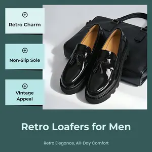 Men's Black Soft Patent Leather Platform Chunky Heel Loafers Fashion Tassel Business Casual Formal Work Shoes Non-Lug Sole-On Penny Loafers Footwear Classic Flatform