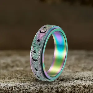 GTHIC Simple Frosted Hollow Star Moon Stainless Steel Spinner Ring Statement Jewelry for Women Men Daily Wear