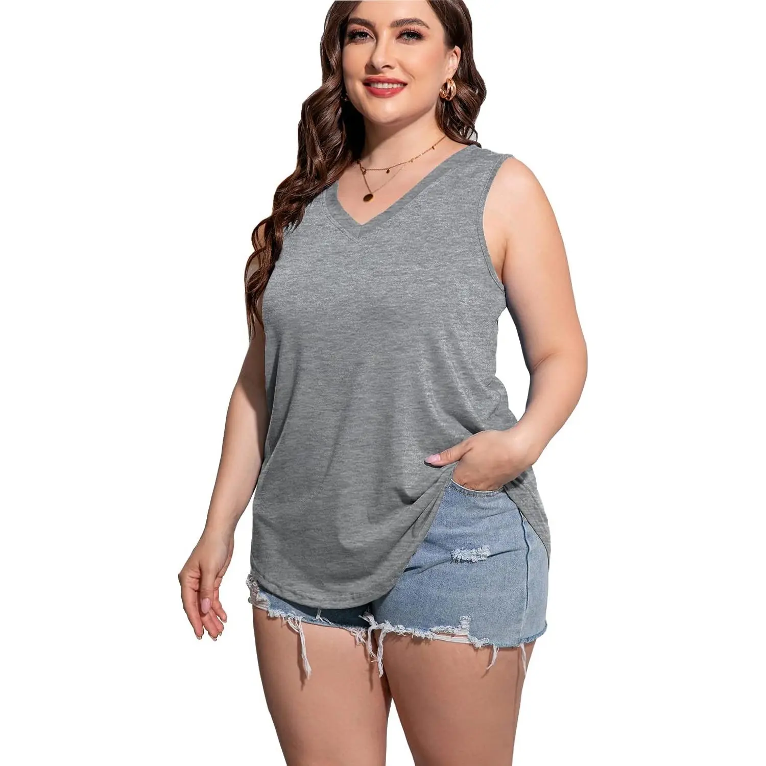 Women's Plus Size (2x,4x,5x) Sleeveless Tank Tops - Solid Casual V-Neck Breathable Cotton Loose Fit Basic Summer Clothes for Casual Outfits