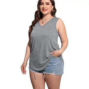 Plus Size Sleeveless Tops Women Casual Summer Sleeveless Loose Fit V Neck Ladies Basic Tshirt