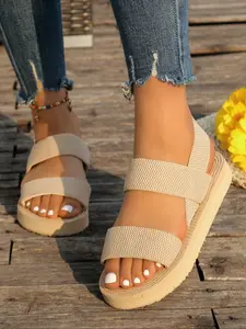 Elegant Thick Sole Rubber Wedge Sandals, Comfortable Slip-On Design, Stylish Women's Footwear for Daily Wear, Casual Textile Materials