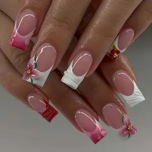 Hand Painted Floral French Press On Nails: 3D Acrylic Square Nails