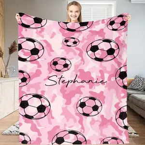 Customizable Pink Football Flannel Blanket - Personalized With Name And Number, Versatile Modern Style For All Seasons. Suitable For Bed, Sofa, Office, Outdoor Camping, And Beach. Unique Birthday Or Holiday Gift Idea For Sports Enthusiasts