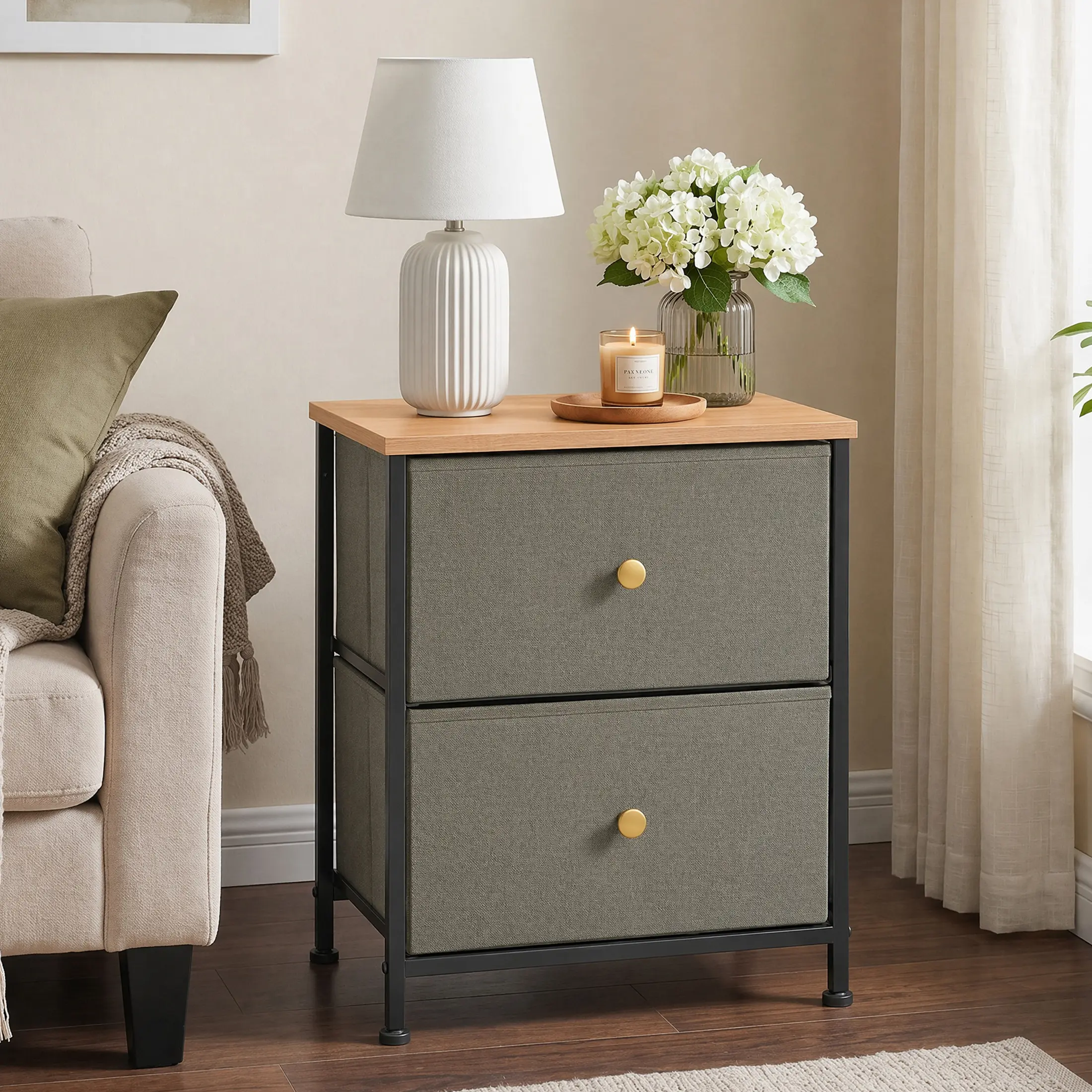 Living Room Side Table with 2 Fabric Drawers – Versatile Small Dresser for Entryway, Dorm, or Bedroom, Compact Storage Organizer