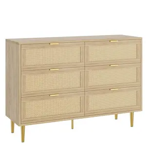 Beige Khaki Rattan 6 Drawer Dresser Farmhouse Wooden Chest with 5 Metal Legs & Golden Handles for Bedroom Living Room