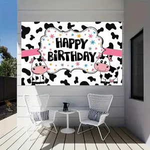 1PC,2D Flat Cute Cow Themed Birthday Backdrop, Farm Animal Party Decoration Banner, Photo Background for Kids' Birthday Party, Scene Layout Prop for Baby's First Birthday, Ideal for Party Decor