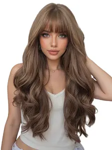 24 Inch Long Wave Wig with Bangs, Fluffy Synthetic Full Machine Wig, Loose Wave Wigs, Daily Wear, Music Festival, Mother's Day Gift, Graduation Gift, Synthetic Material Wigs