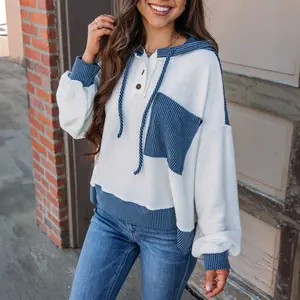 White Corded Colorblock Patch Pocket Drawstring Hooded Top Pullover Womenswear Chic Fashion