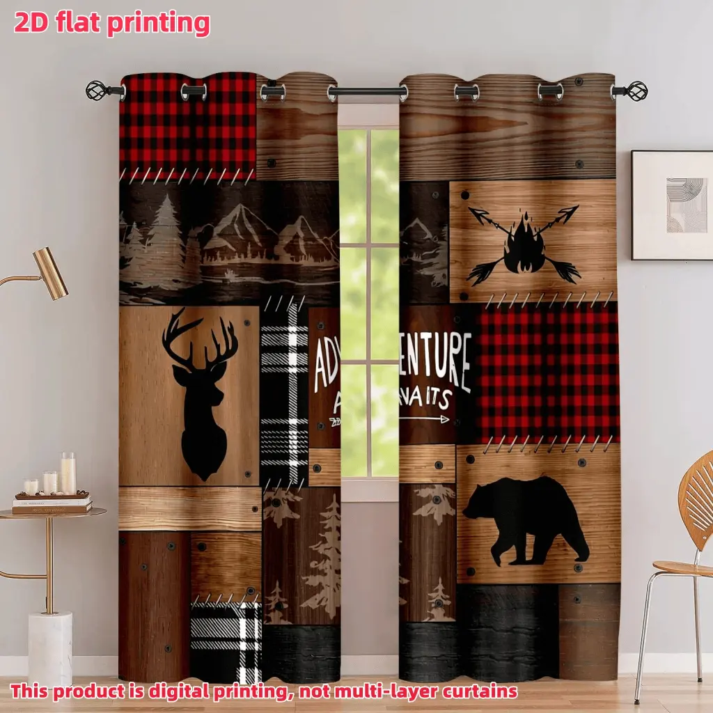 2D Flat 2Pcs Wood Grain Plaid Patchwork Curtains, Home Decoration Curtain, Rustic Cabin Style Deer Bear Forest Mountain Print, Room Darkening Privacy Drapes with Grommet Top, for Home Decor, Home Decorative Curtain, Anti-privacy