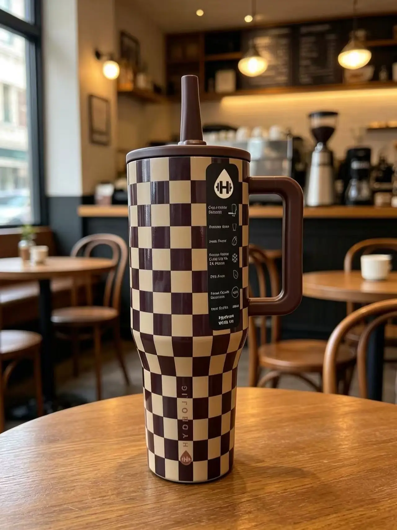 HydroJug 40oz Traveler Brown Beige Checkered Insulated Tumbler With Handle & Straw, Leakproof Stainless Steel Cup, Keeps Drinks Cold 24 Hours, Cute Water Tumbler For Women Coffee Lovers, Ideal For Road Trip Office Gym Daily Commute
