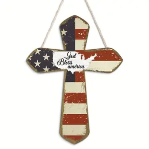 Cross-Shaped Wooden Hanging Sign, God Bless America, Perfect for Home, Farmhouse, Coffee Shop, Living Room, Man Cave, Gift, High-Quality Print