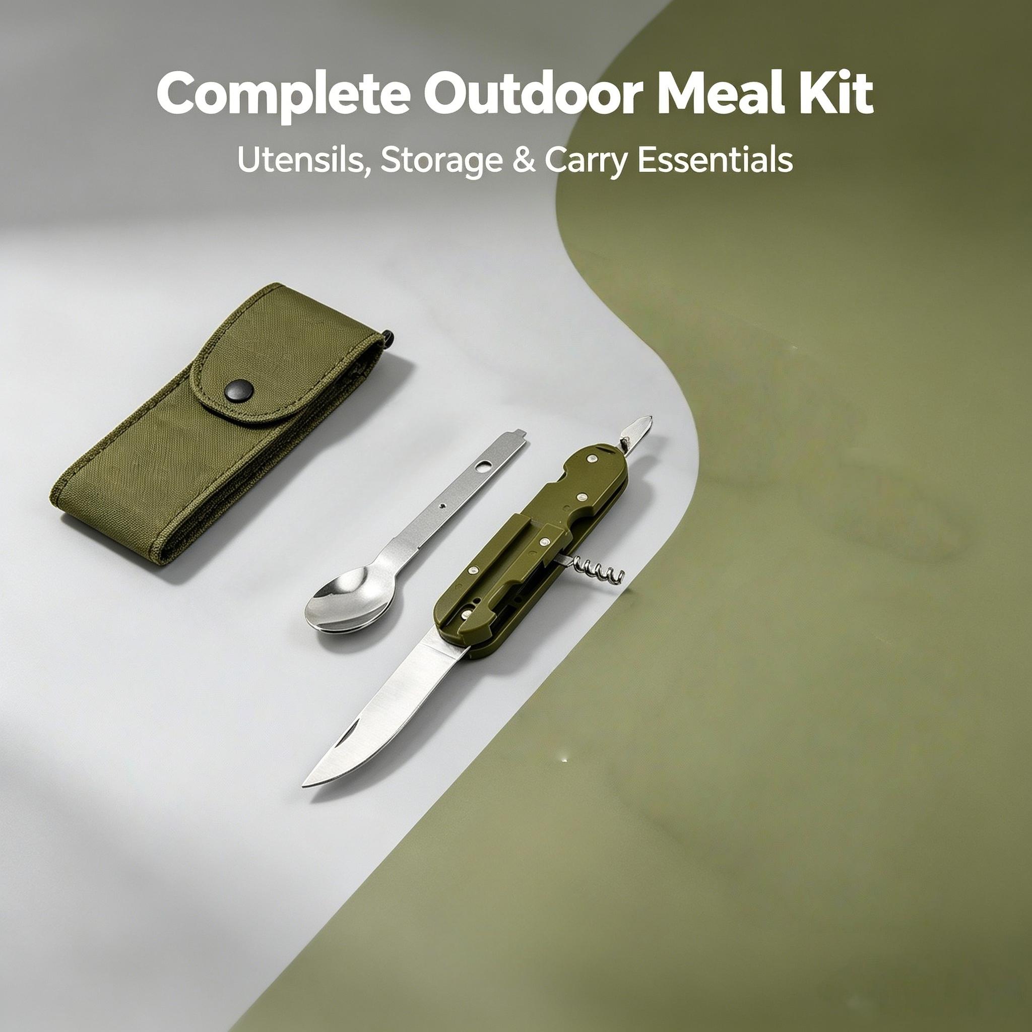 Portable Camping Stainless Steel Multitool Utensil Set - Detachable Spoon-Fork-Knife Combo with Corkscrew, Compact Foldable Lightweight Outdoor Mess Kit for Hiking, Backpacking