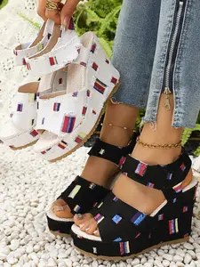 Colorblock Denim Wedge Sandals, Two Color Options, Street Style Sweet Cool Girl, Casual Textile Upper, Rubber Sole, Less Than Ankle Height
