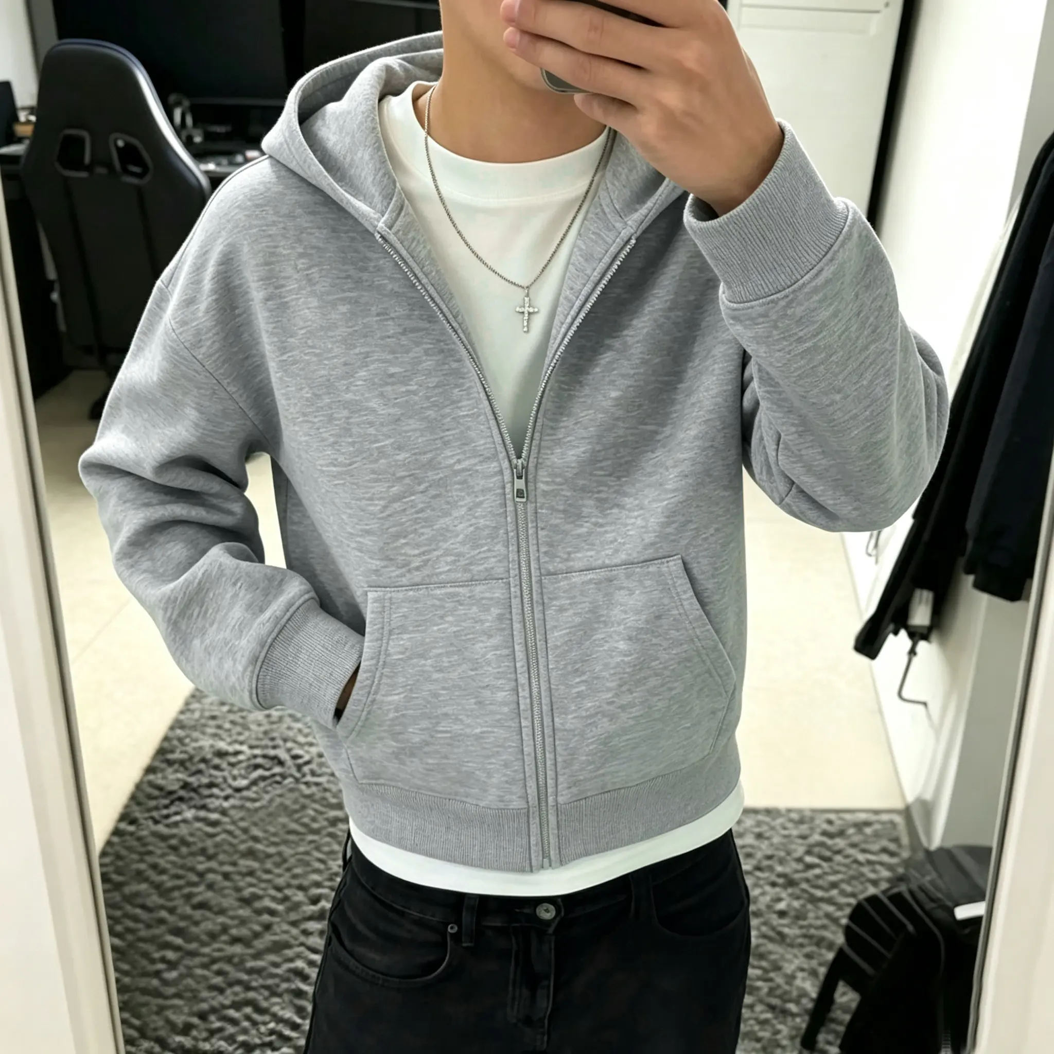 Men’s Plain Polyester Zip-Up Hooded Sweatshirt - Longsleeves, Lightweight, Fashionable Minimalist Versatile Sports-Style Top, Navy Blue/Beige, Autumn Back-to-School, Hand Wash Menswear